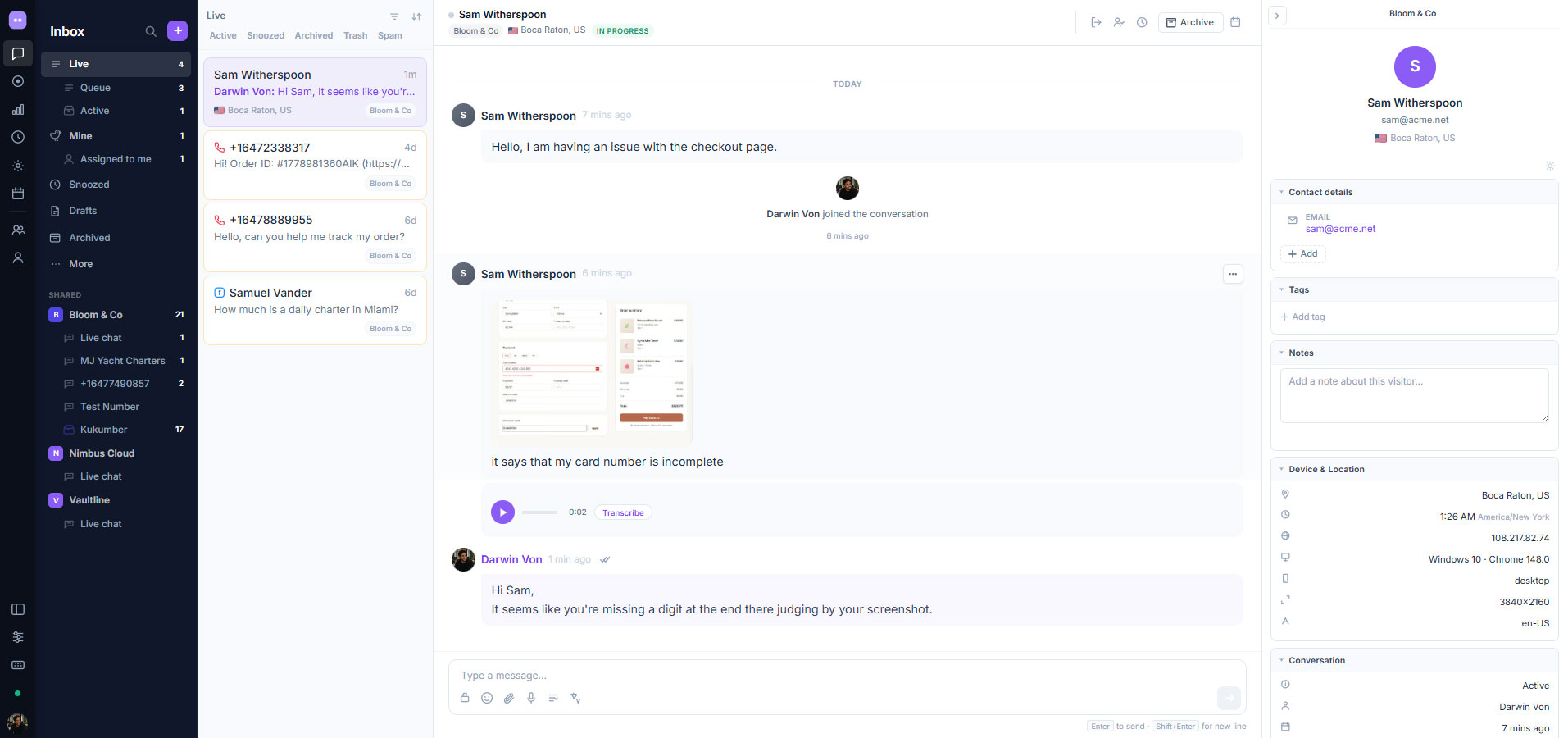 Helpr chat dashboard — conversations, messages, and visitor context in one view