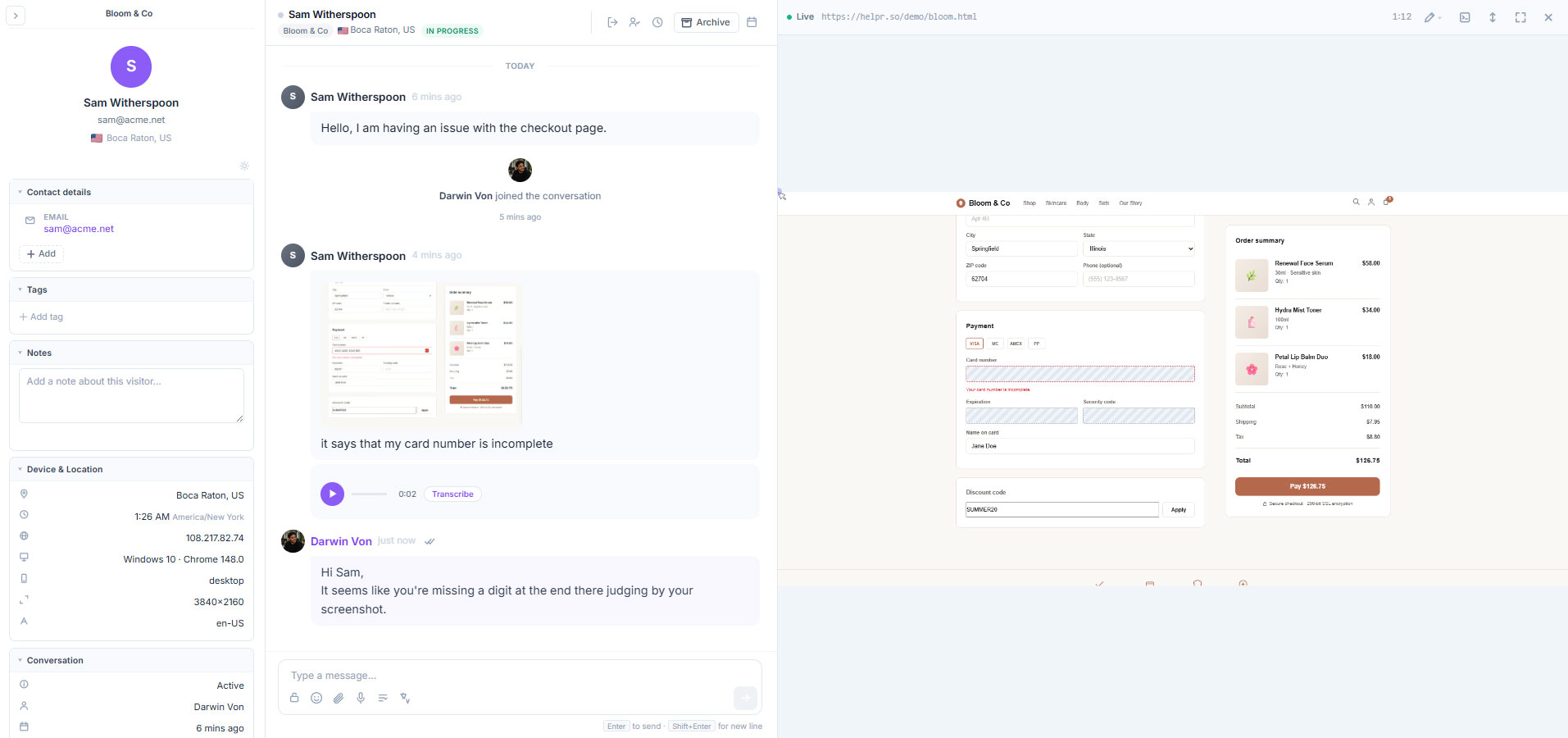 Helpr co-browse — see your customer's screen in real time while chatting